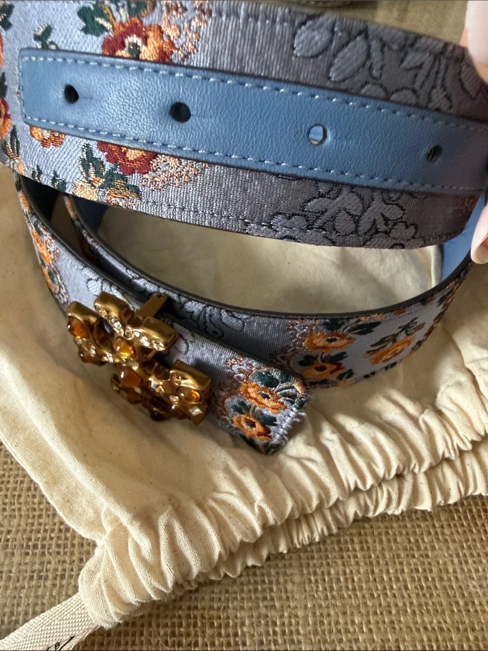 Rare TORY BURCH Eleanor Brocade Crystal Jewel Embellished Belt in Sea Frost Blue